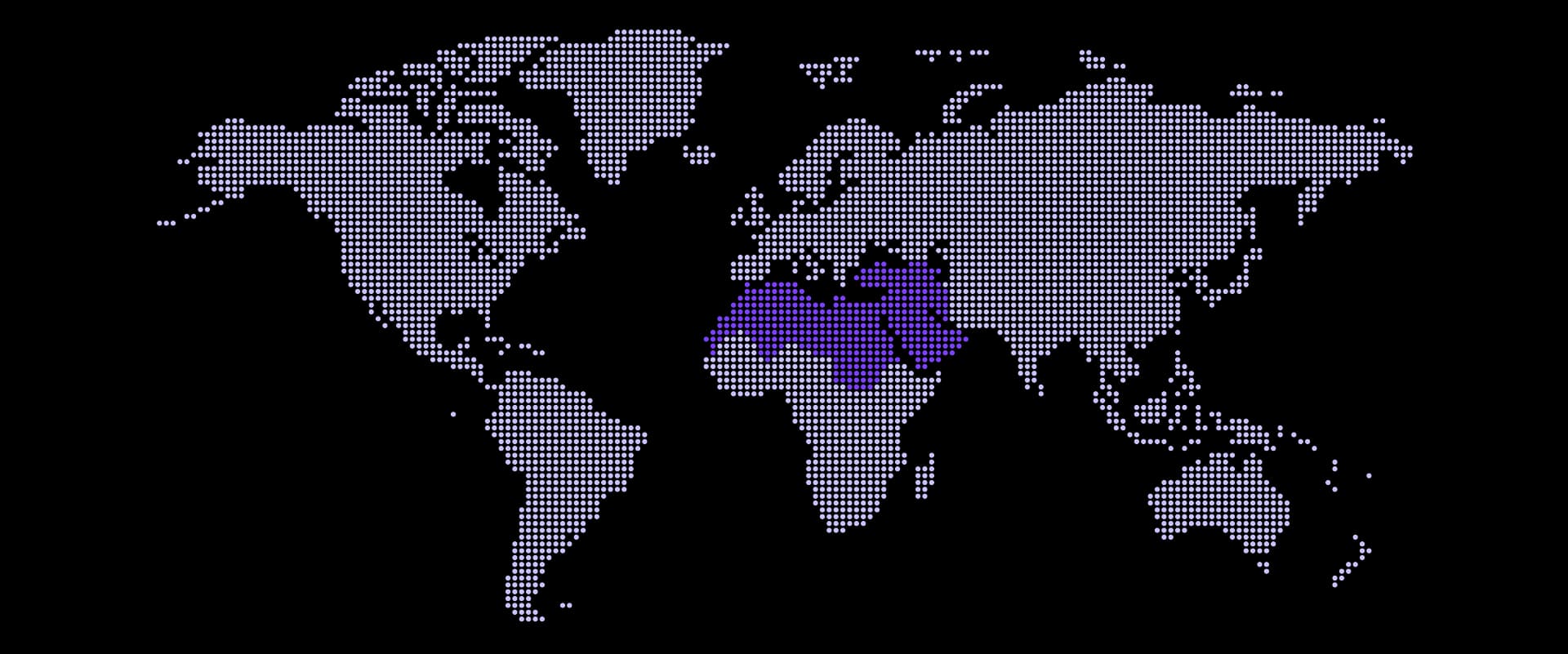 A dotted map of the world with the Arab world lit